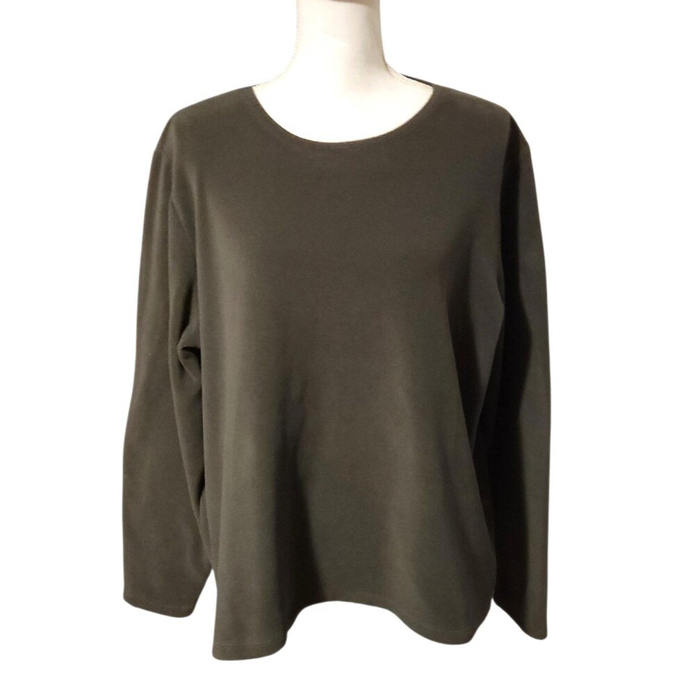 Lands End Fleece Sweatshirt Long Sleeves Olive Green Womens XL 18-20 Cozy Lodge